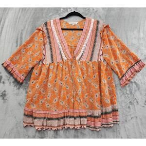 Davi & Dani Meadow Peasant Top Size M Orange Floral Paisley V-Neck Tie Pockets